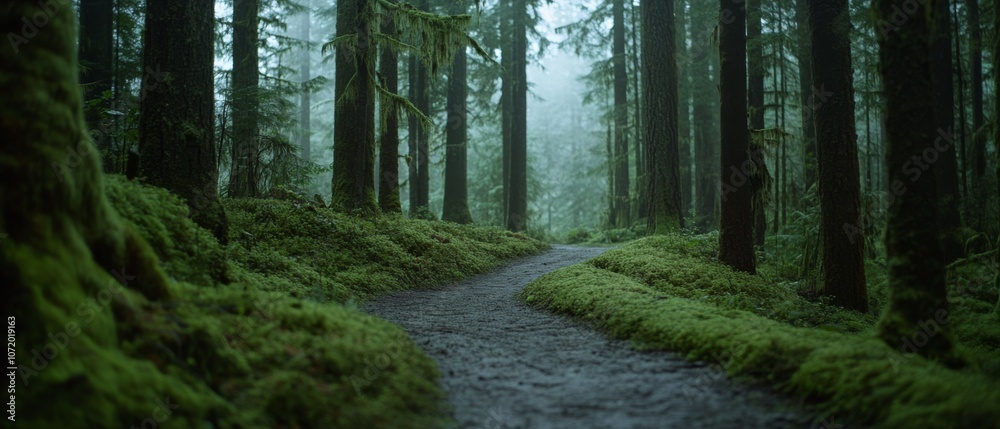 Fototapeta premium Enchanting forest trail, surrounded by lush green moss and towering trees, inviting exploration into nature’s tranquility.