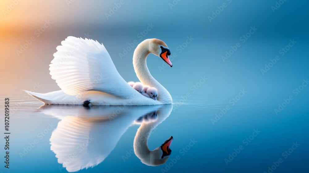 Fototapeta premium Swan is swimming in a body of water with its reflection in the water. The swan is surrounded by a blue and white background