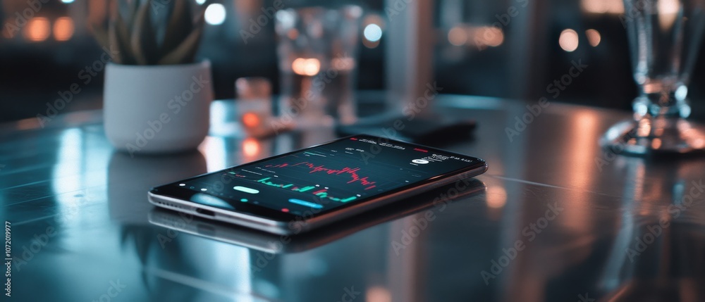 On a sleek table, a modern smartphone displays a financial graph, suggesting a focus on market analysis amidst a soft-lit setting. On a sleek table, a modern smartphone displays a financial graph, suggesting a focus on market analysis amidst a soft-lit setting.