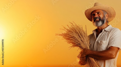 A happy farmer with a gentle smile holds a sheaf of wheat against a warm amber sunset, representing agricultural bounty, hard work, and tranquil rural life. photo