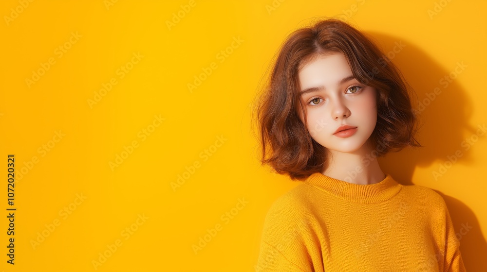 Fototapeta premium Vibrant portrait of a teenage girl in yellow sweater against bright backdrop