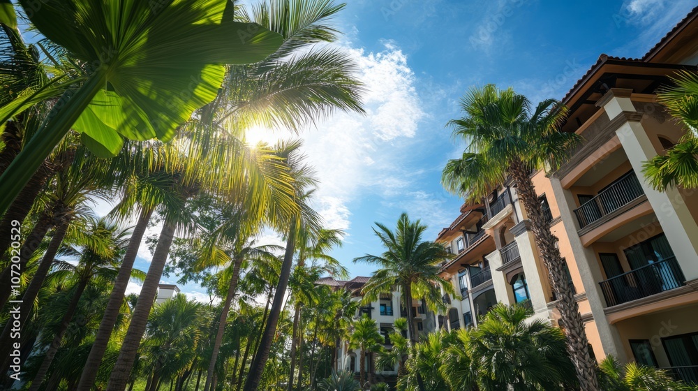 Fototapeta premium High-End Resort with Palm Trees and Clear Sky