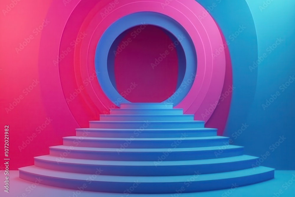 Obraz premium A vibrant, abstract scene featuring circular shapes and steps, blending pink and blue hues to create a modern and artistic atmosphere.