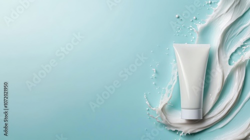 A white cosmetic cream tube elegantly set against an artistic backdrop of milk splash on a light blue background, highlighting beauty and purity in design. photo