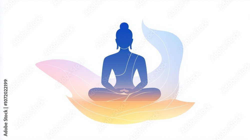 A serene silhouette of a meditating figure, surrounded by gentle, colorful waves, symbolizing peace and mindfulness. A serene silhouette of a meditating figure, surrounded by gentle, colorful waves, symbolizing peace and mindfulness.