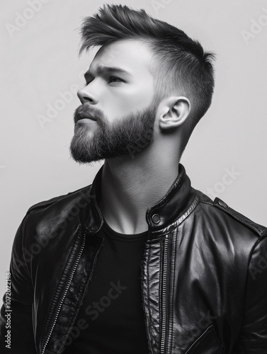 Stylish Fade Hairstyle for Men: A Model Showcases Modern Hair Trends with Sharp Edges and Voluminous Texture in a Black and White Portrait photo