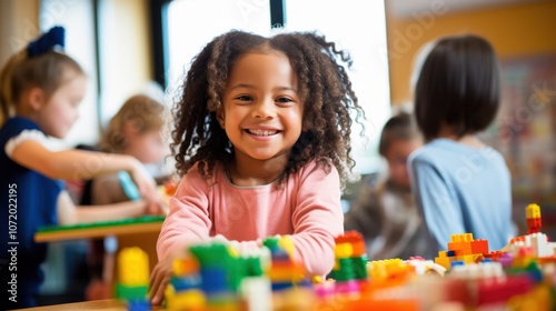 Smiling children joyfully build colorful structures with blocks in a playful, vibrant environment.