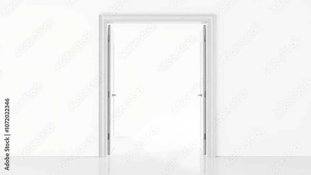 White open and closed doors with doorframe on a minimalist white background, transition, exit, minimalism White open and closed doors with doorframe on a minimalist white background, transition, exit, minimalism