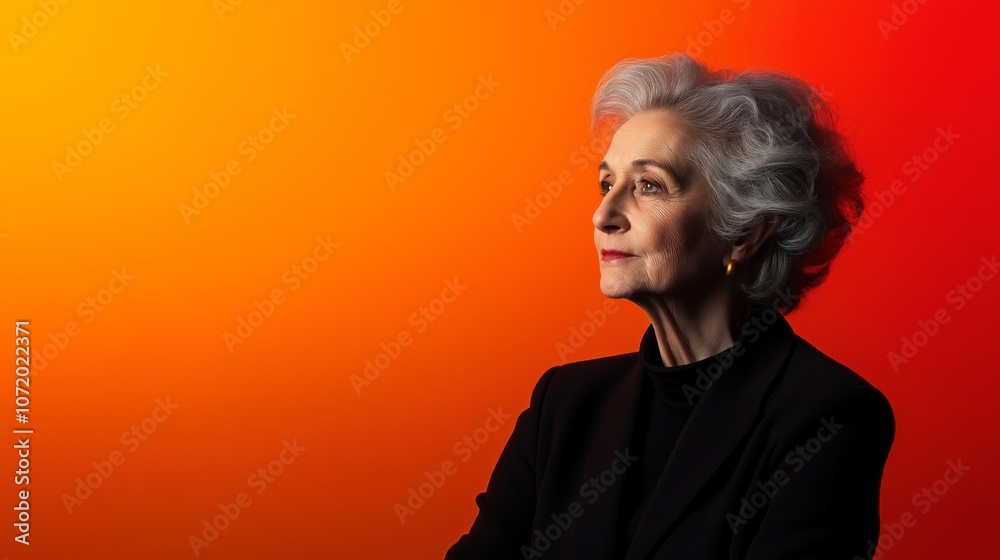 Elegant portrait of a mature woman against a vibrant red and orange gradient background