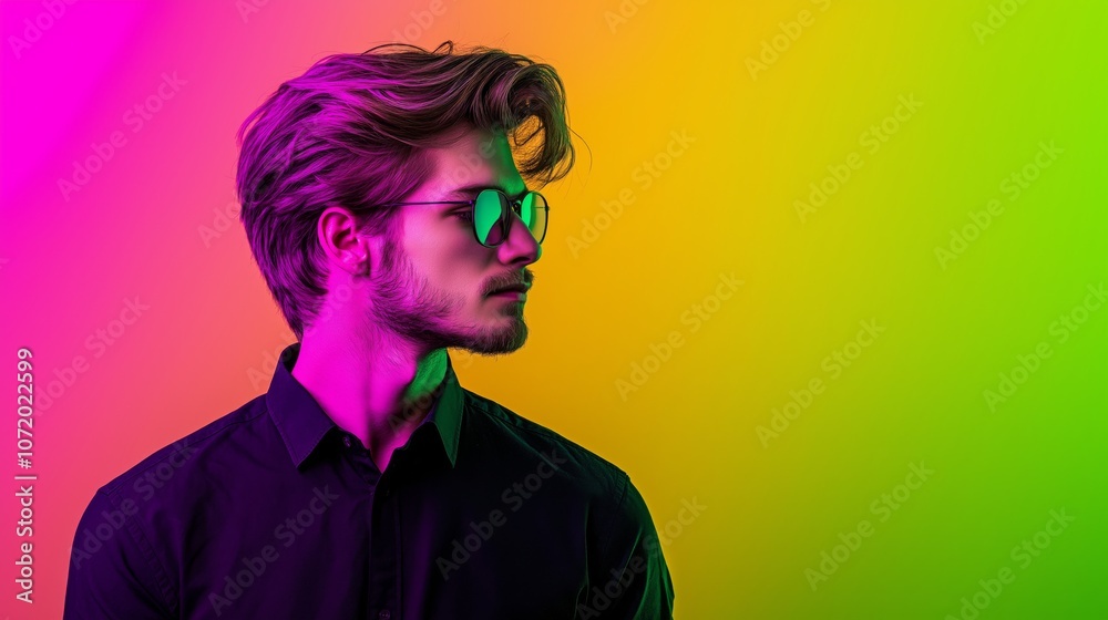 Vibrant portrait of a young man wearing neon green sunglasses against colorful background Vibrant portrait of a young man wearing neon green sunglasses against colorful background