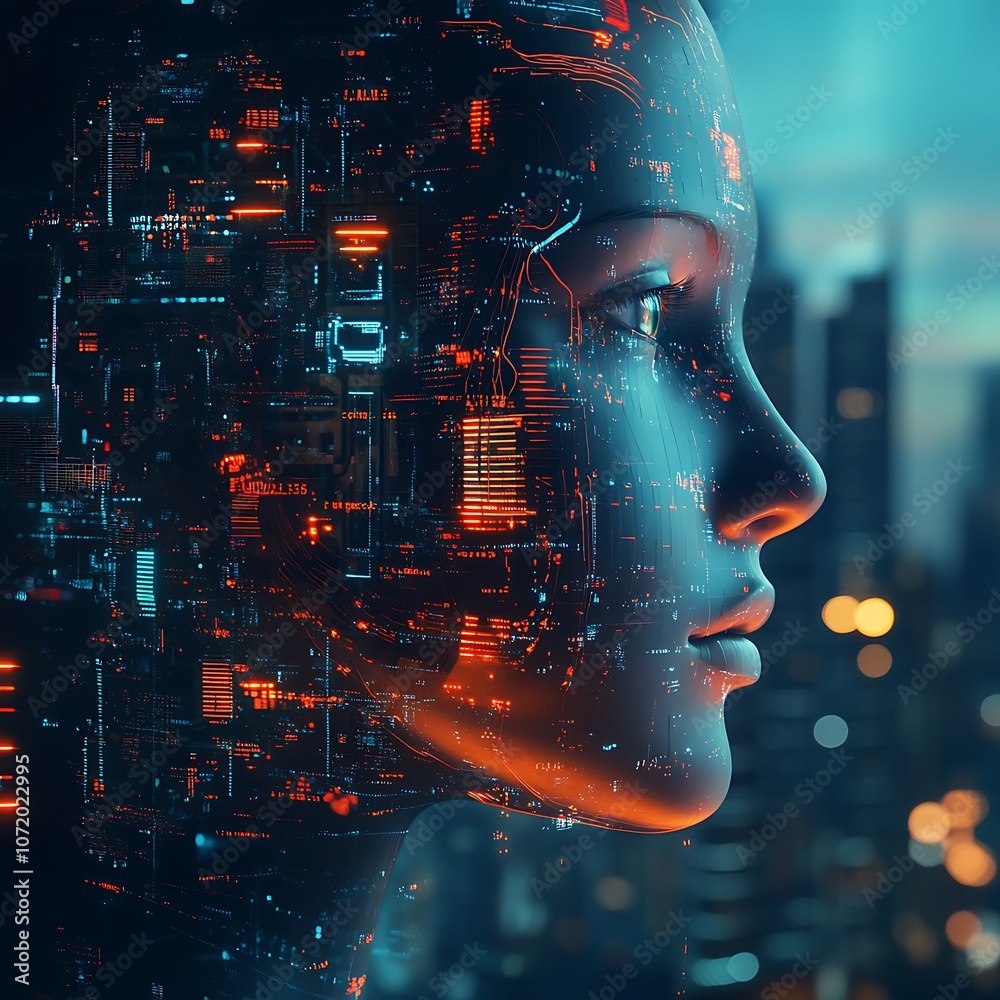 Futuristic AI Cyber Face with Digital Circuit Patterns in City Illustration Futuristic AI Cyber Face with Digital Circuit Patterns in City Illustration