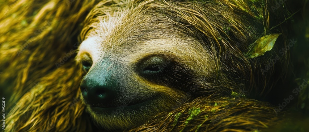 Fototapeta premium A sleeping sloth nestled in lush greenery, embodying peace and the slow rhythm of nature, harmonized with its verdant surroundings.