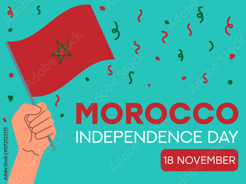 morocco independence day 18 November, morocco flag in hand. Greeting card, poster, banner template	