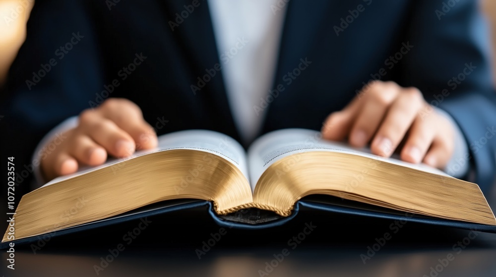 A person in a suit is reading an open book, highlighting a moment of focus and contemplation. A person in a suit is reading an open book, highlighting a moment of focus and contemplation.