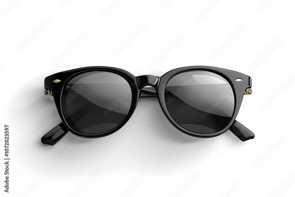 Realistic sleek black sunglasses with reflective lenses and metallic accents isolated on white background Realistic sleek black sunglasses with reflective lenses and metallic accents isolated on white background