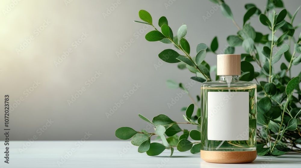 A perfume bottle with a wooden cap and blank label, placed amidst eucalyptus leaves on a white tabletop, combines natural design with understated elegance. A perfume bottle with a wooden cap and blank label, placed amidst eucalyptus leaves on a white tabletop, combines natural design with understated elegance.