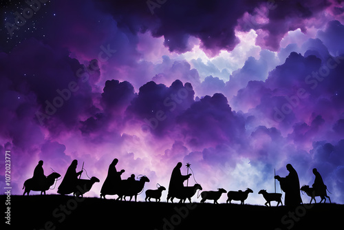 Nativity silhouette with shepherds under a bold sky filled with swirling purple and blue clouds, Ai Generated