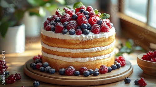 Layered Berry Cake with Whipped Cream