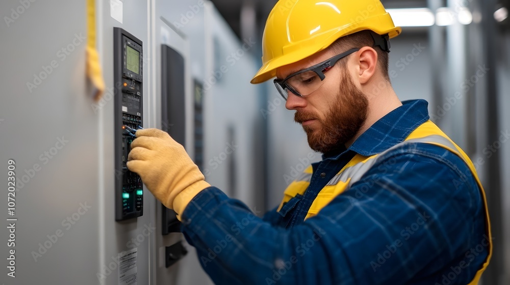 Skilled Electrical Technician in Uniform Hardhat Inspecting and Maintaining Industrial Electrical Control Panel at Commercial or Industrial Work Site Skilled Electrical Technician in Uniform Hardhat Inspecting and Maintaining Industrial Electrical Control Panel at Commercial or Industrial Work Site