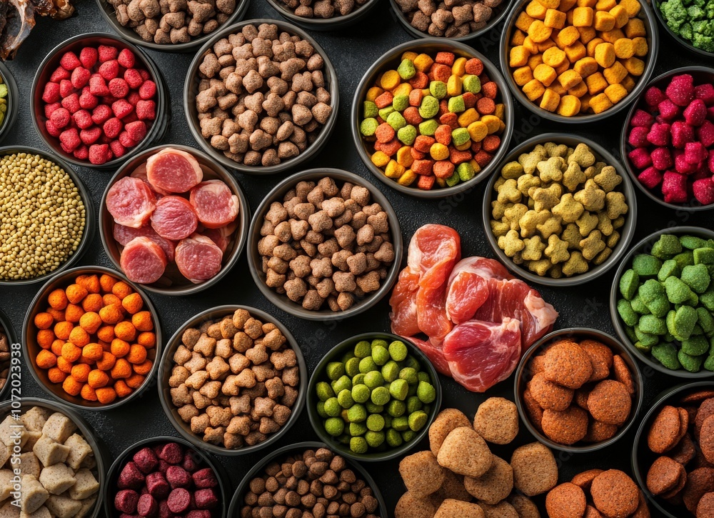 Top view of various dry pet foods and treats in bowls, including kibble, meat, and biscuits. Top view of various dry pet foods and treats in bowls, including kibble, meat, and biscuits.