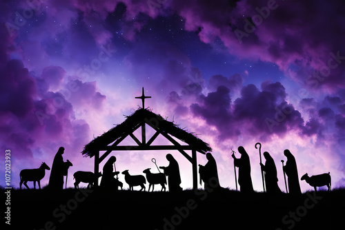 Nativity silhouette with shepherds under a bold sky filled with swirling purple and blue clouds, Ai Generated