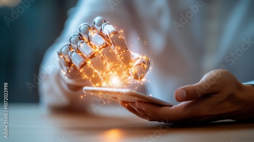 An intriguing scene showing a luminous robotic hand operating a smartphone, symbolizing futuristic advancements in technology and the merging of man and machine. photo