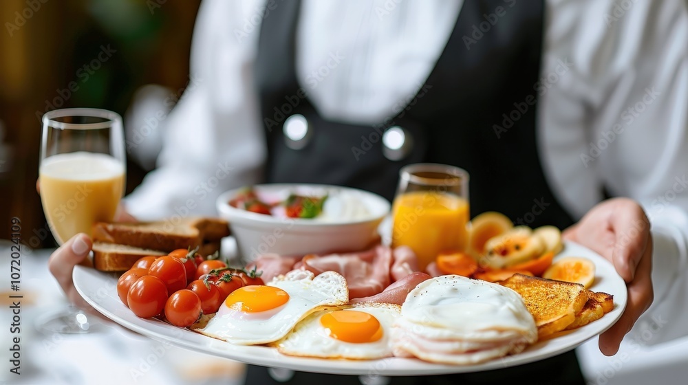 Waiter serving gourmet brunch plate with fried eggs, tomatoes, ham, toast, and two glasses of juice on elegant white plate. Fresh, colorful breakfast meal presented in stylish dining setting. Waiter serving gourmet brunch plate with fried eggs, tomatoes, ham, toast, and two glasses of juice on elegant white plate. Fresh, colorful breakfast meal presented in stylish dining setting.