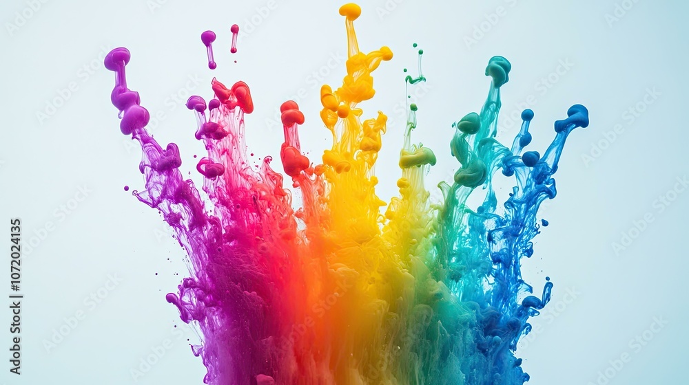 Fototapeta premium Abstract rainbow ink explosion in water with vibrant colors spreading and swirling in a dynamic and artistic pattern.