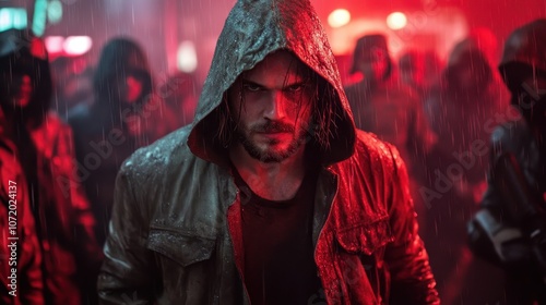 A hooded figure stands in the rain in a red-lit setting, projecting intensity and mystery. This compelling image resonates with themes of resilience and defiance. photo