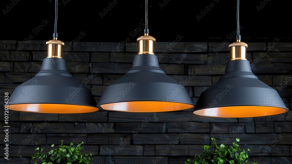Fototapeta premium Three matte black pendant lights with a warm gold interior hanging in modern setting, casting soft Industrial and chic design, adding a stylish touch to any contemporary interior space.