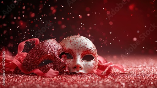 Two intricately detailed masks accented by red glitter and ribbon lie amidst sparkling particles, evocative of an ornate masquerade or festivities. photo