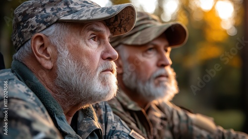 Two alert dogs sit peacefully in a forest setting, bathed in the soft glow of sunlight filtering through trees, their stance reflecting loyalty and companionship.