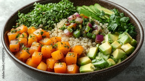 Healthy and Vibrant: Colorful Vegetable Bowl with Avocado, Quinoa, and Fresh Greens on White Background