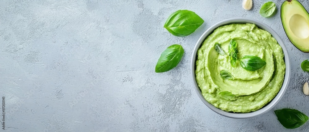 Obraz premium A bowl of guacamole with basil and garlic on a gray background