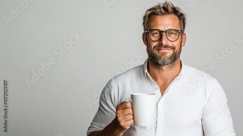 A cheerful man with glasses and a beard smiles while holding a mug, captured against a neutral backdrop, conveying warmth and friendliness in everyday life. photo