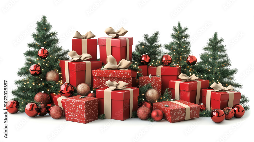 Christmas tree and gifts with gold ribbon isolated on white background. New Year. Christmas tree and gifts with gold ribbon isolated on white background. New Year.