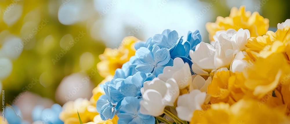 Fototapeta premium A bunch of blue and yellow flowers in a vase