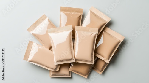 The image shows multiple beige-colored packagings for food products neatly stacked on a light surface, emphasizing neatness, organization, and contemporary packaging style.