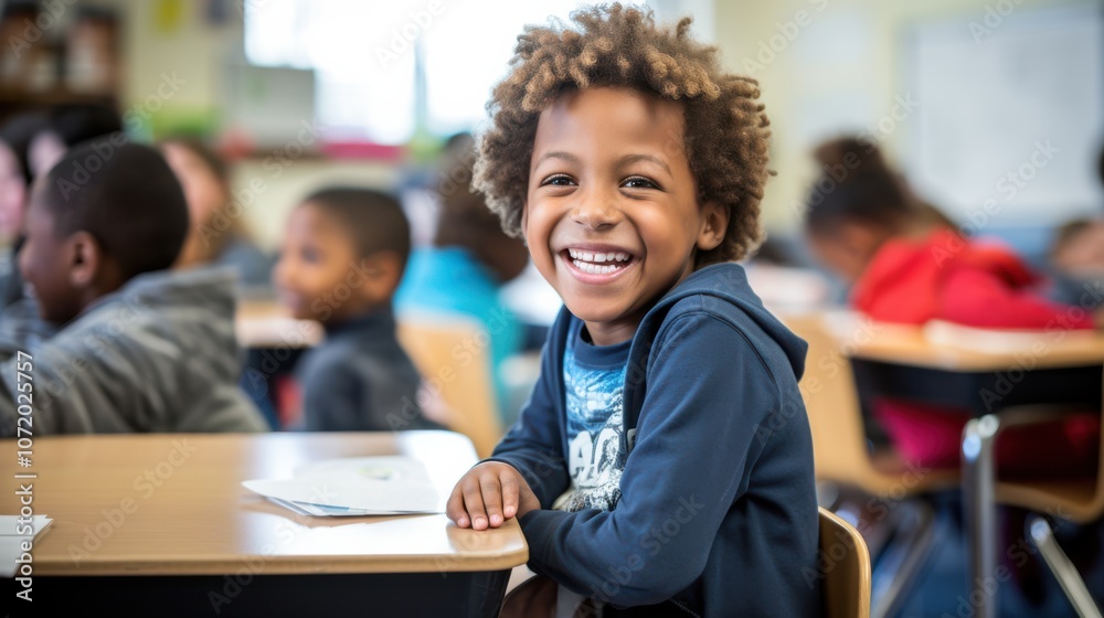 A young boy with a radiant smile sits at a school desk, surrounded by classmates, exuding happiness and curiosity in a lively classroom. A young boy with a radiant smile sits at a school desk, surrounded by classmates, exuding happiness and curiosity in a lively classroom.