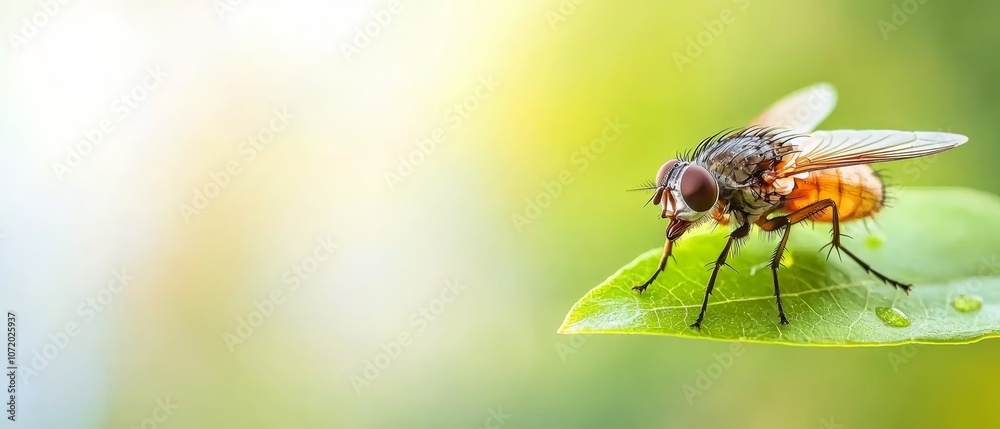 Naklejka premium A fly sitting on top of a green leaf