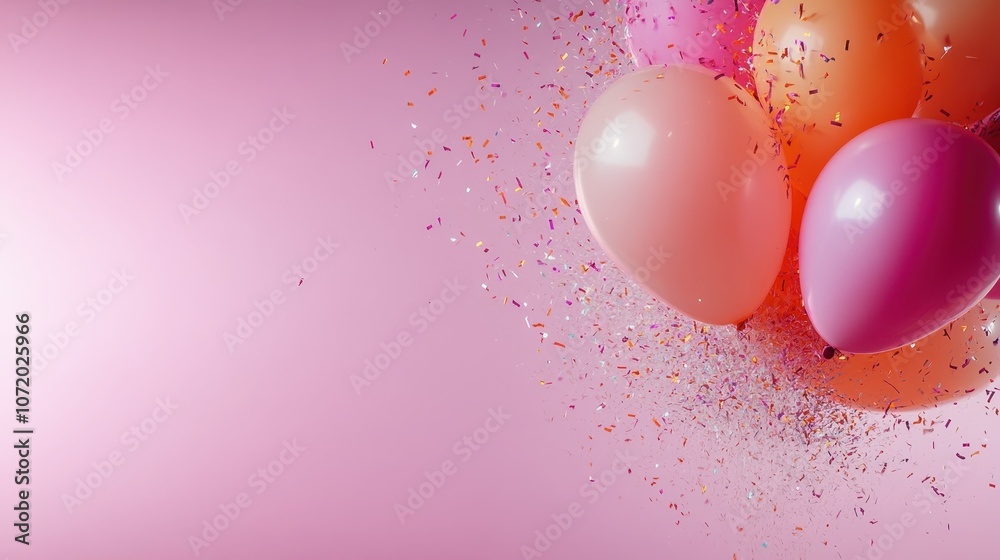 A vibrant collection of balloons in various shades with confetti scattered around against a rich pink background, evoking celebration, joy, and festivity.