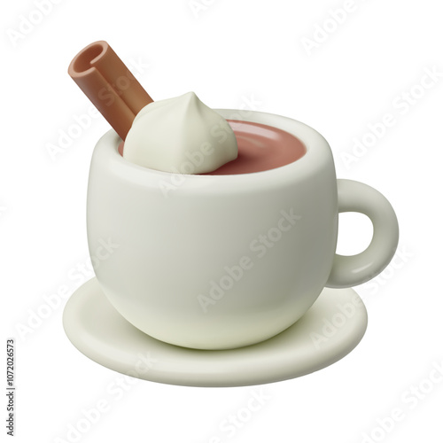 A cup of hot chocolate with whipped cream 3d realistic vector illustration. Warm cocoa or mocha coffee in a cute white mug.