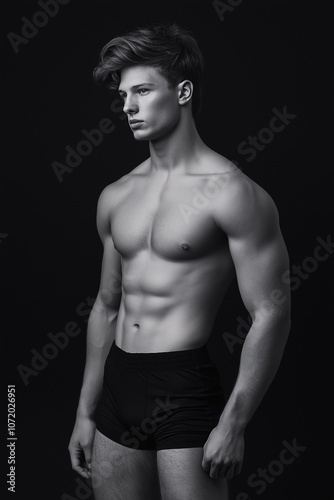 Black and White Portrait of a Muscular Male Model in Boxers Showcasing Strength and Elegance in High Contrast Photography