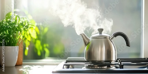 A stainless steel kettle sits on a stove, emitting steam, with sunlight streaming in and a green plant in the background.