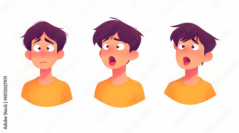 Fototapeta premium Digital Illustration of a Young Boy Expressing Three Different Emotions: Sadness, Surprise, and Excitement