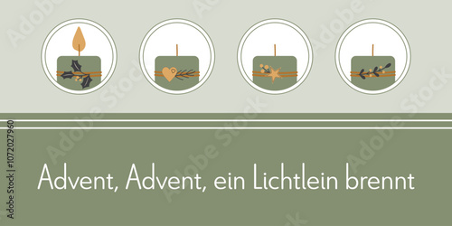 Advent, Advent, ein Lichtlein brennt - Schriftzug in deutscher Sprache. Grußkarte mit vier verzierten Kerzen in Grün, Gold und Anthrazit.