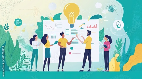 Business professionals collaborate to develop innovative planning concepts during a brainstorming session