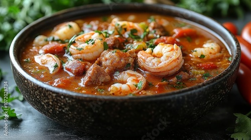 Hearty Seafood Gumbo with Shrimp, Crab, Andouille Sausage, and Fresh Okra in Bowl – Authentic Cajun Creole Cuisine for Food Photography and Recipe Inspiration