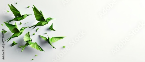 A group of green origami birds flying through the air