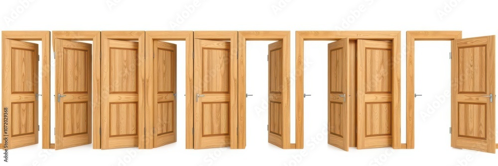 Modern white wooden interior door collection in various open and closed positions isolated on white background, collection, open, set Modern white wooden interior door collection in various open and closed positions isolated on white background, collection, open, set